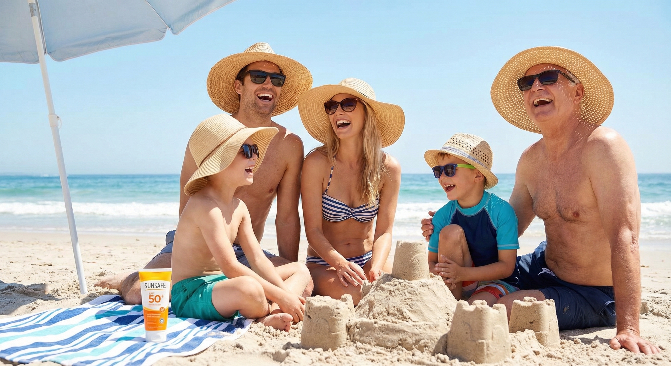 Family enjoying beach with sun protection