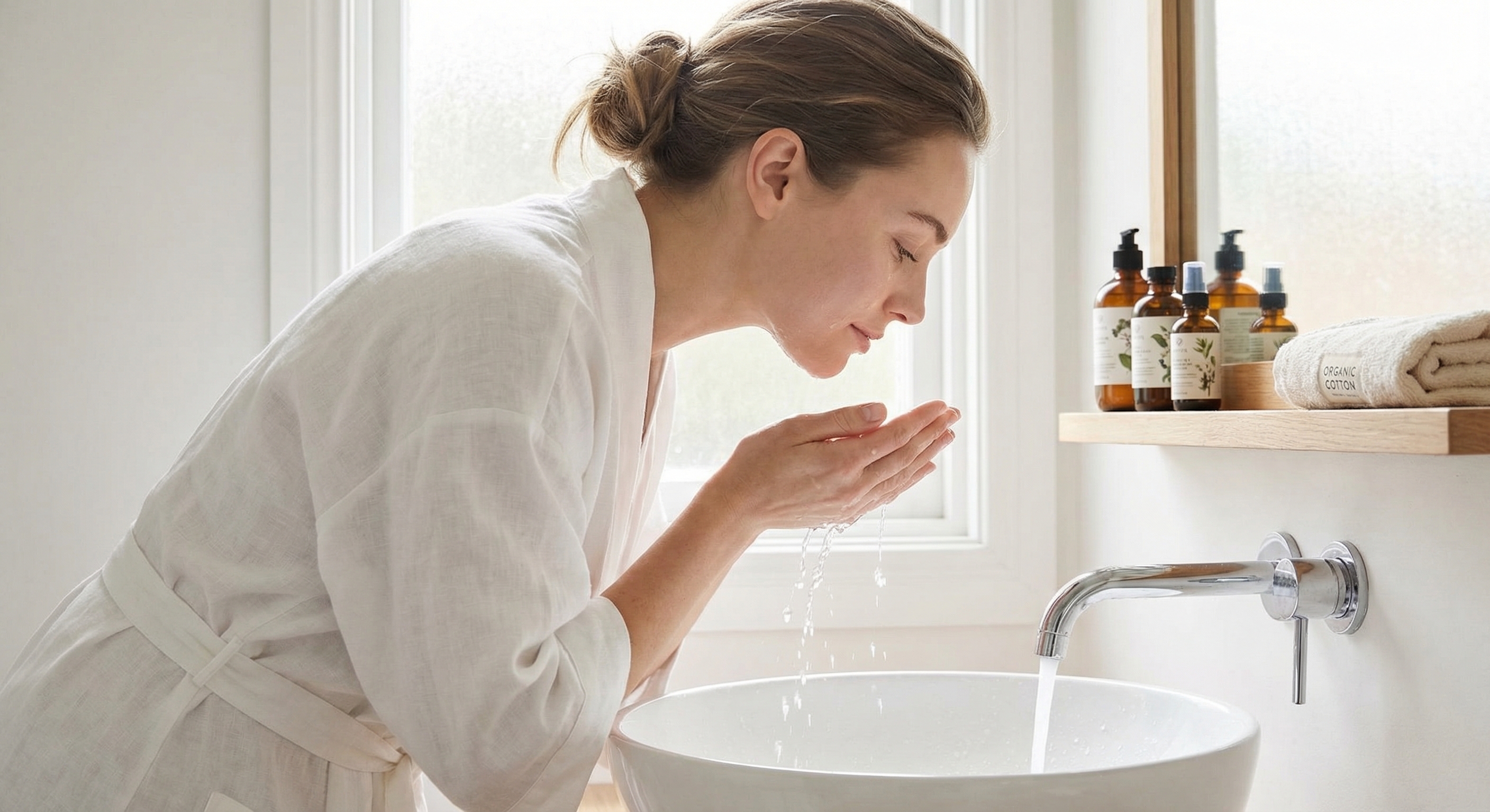 Woman washing face with clean water