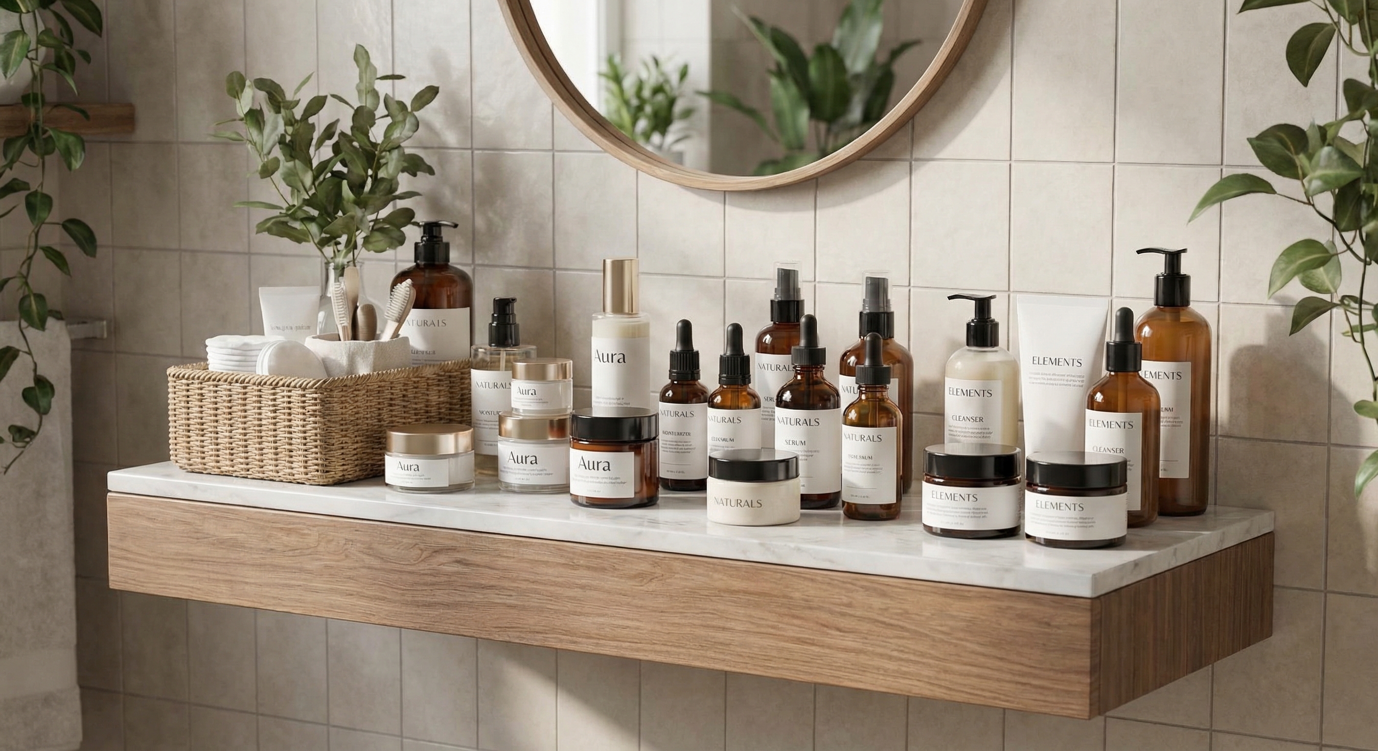 Various skincare bottles and products